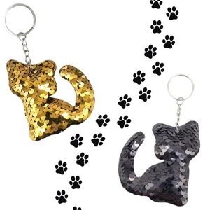 NEW Cat Glitter Keychain Women Accessories Girls Gold Black Sequins Charms